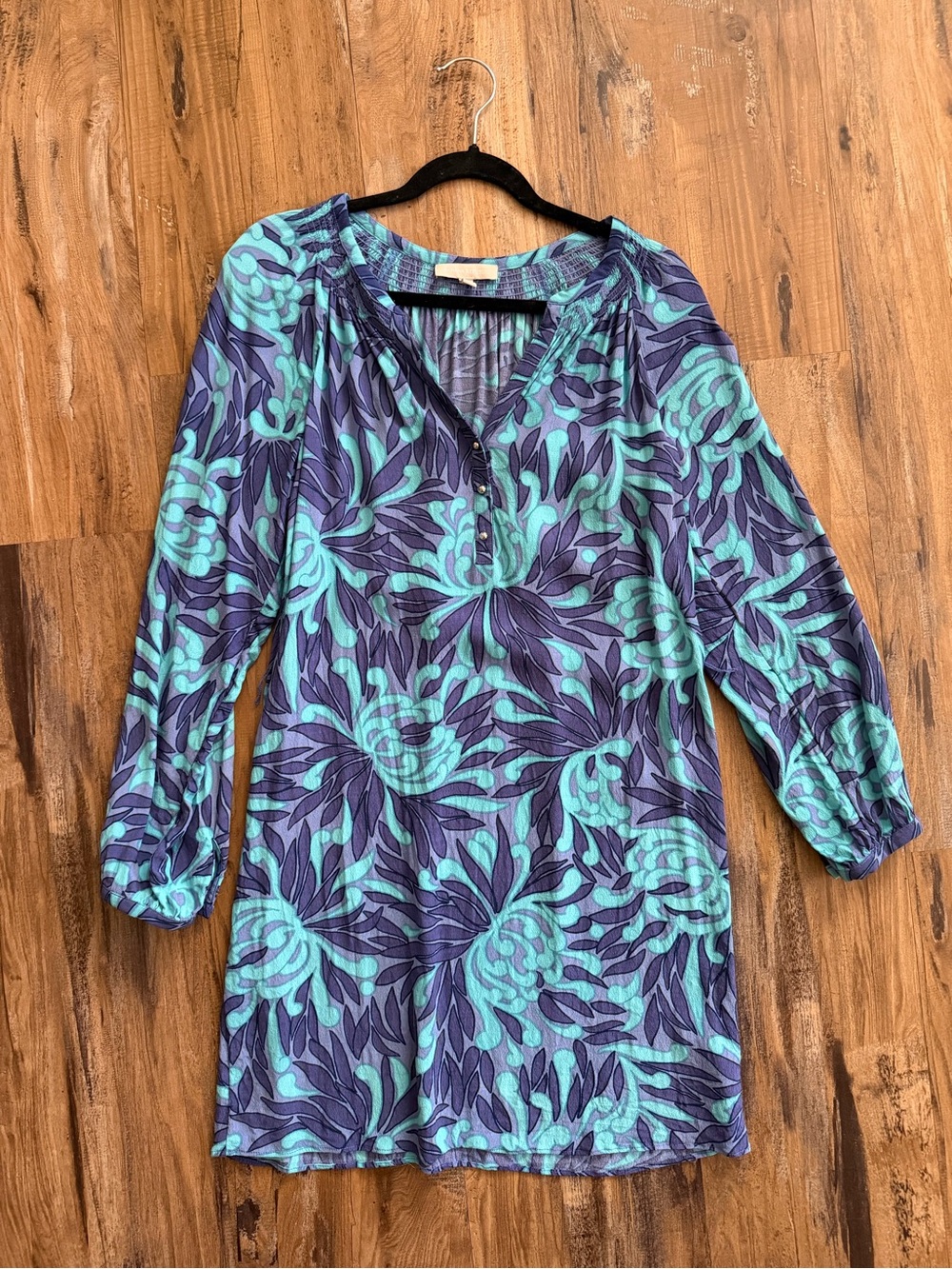 Banana Republic Blue & Aqua Floral Split-Neck Tunic